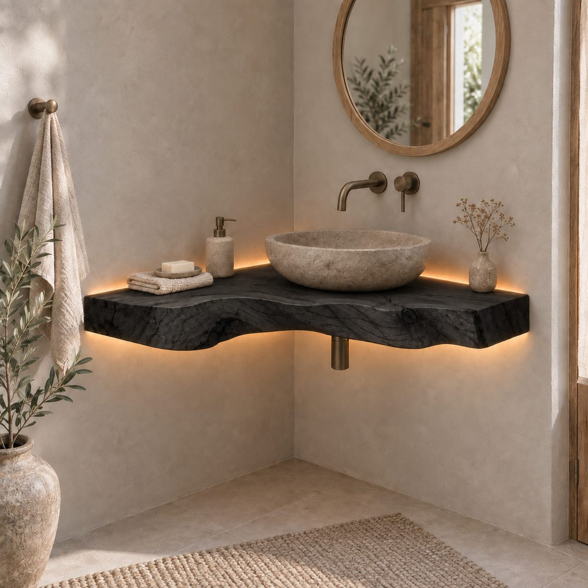 Floating Corner Vanity Top, Wavy Live-Edge Solid Wood Corner Bathroom Vanity for Vessel Sink
