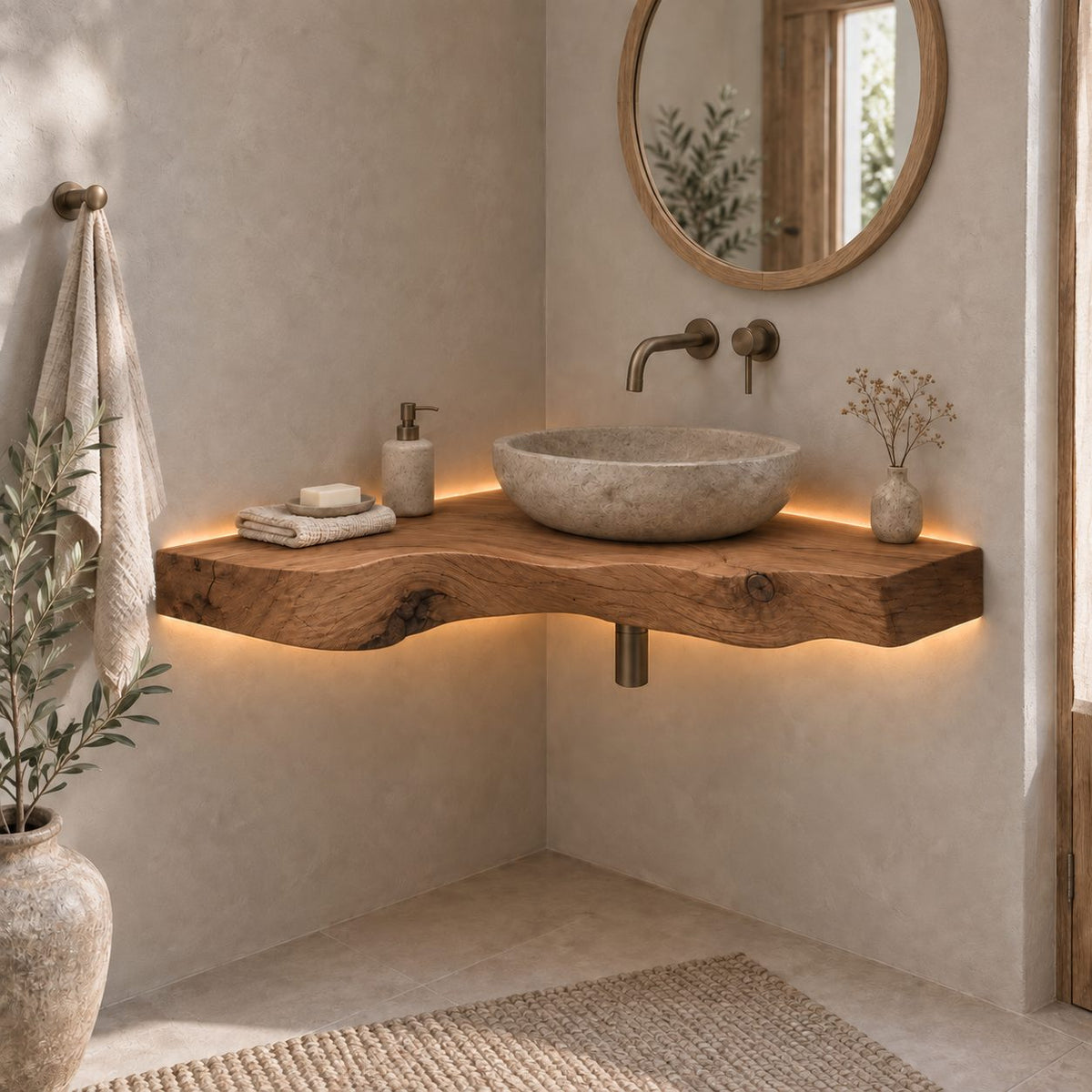 Floating Corner Vanity Top, Wavy Live-Edge Solid Wood Corner Bathroom Vanity for Vessel Sink