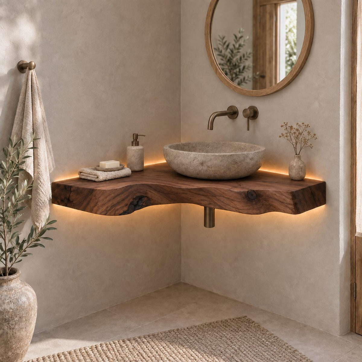 Floating Corner Vanity Top, Wavy Live-Edge Solid Wood Corner Bathroom Vanity for Vessel Sink