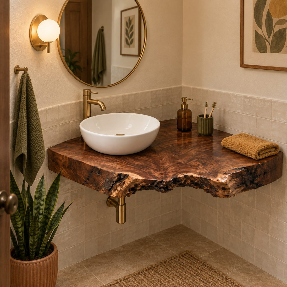 Thick Live-Edge Corner Bathroom Vanity, Burl Solid Wood Floating Corner Vanity Top