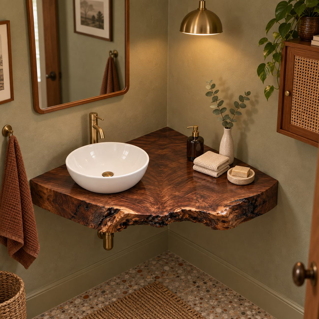 Thick Live-Edge Corner Bathroom Vanity, Burl Solid Wood Floating Corner Vanity Top