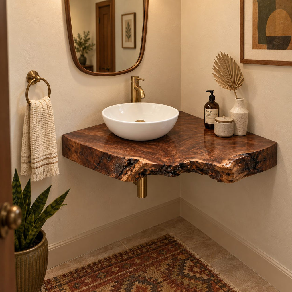 Thick Live-Edge Corner Bathroom Vanity, Burl Solid Wood Floating Corner Vanity Top