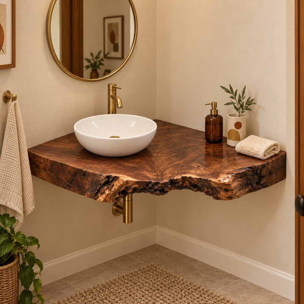 Thick Live-Edge Corner Bathroom Vanity, Burl Solid Wood Floating Corner Vanity Top