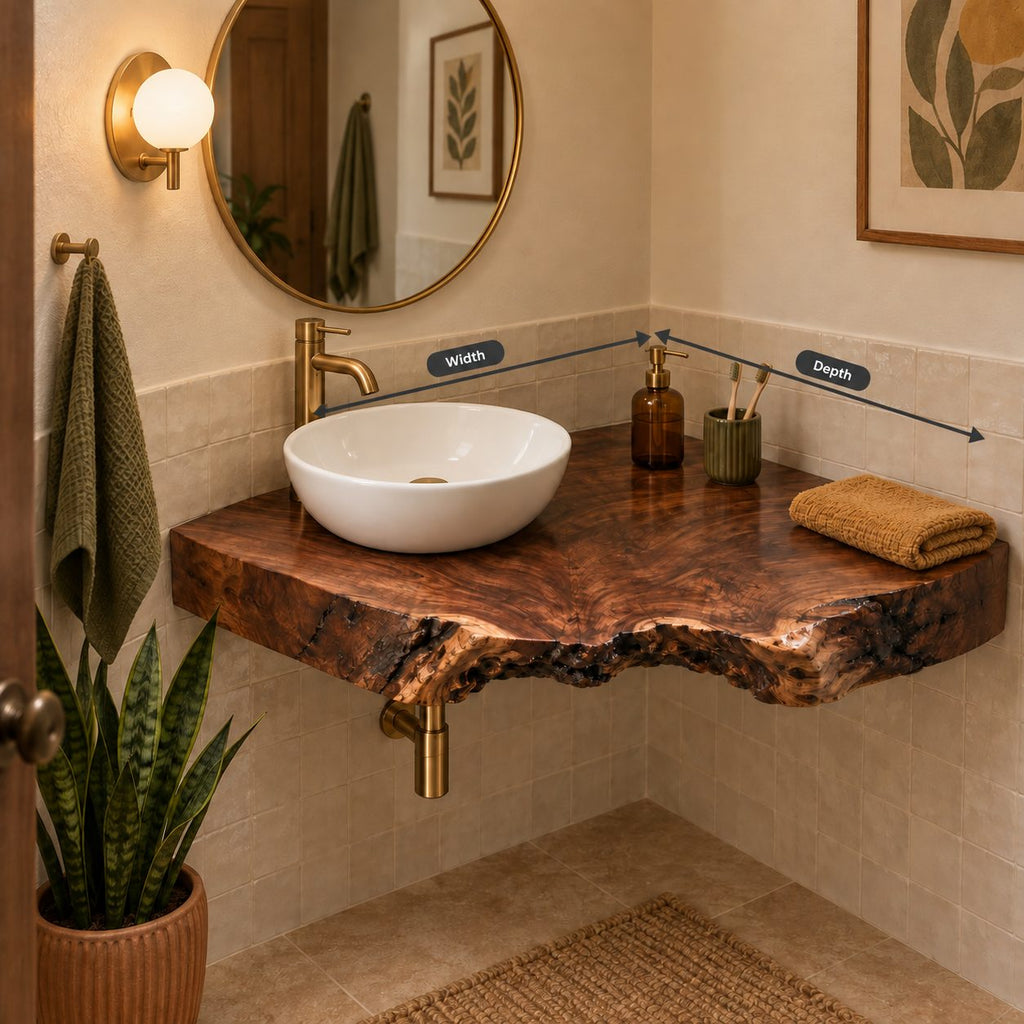 Thick Live-Edge Corner Bathroom Vanity, Burl Solid Wood Floating Corner Vanity Top