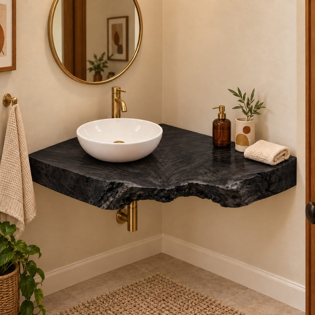 Thick Live-Edge Corner Bathroom Vanity, Burl Solid Wood Floating Corner Vanity Top