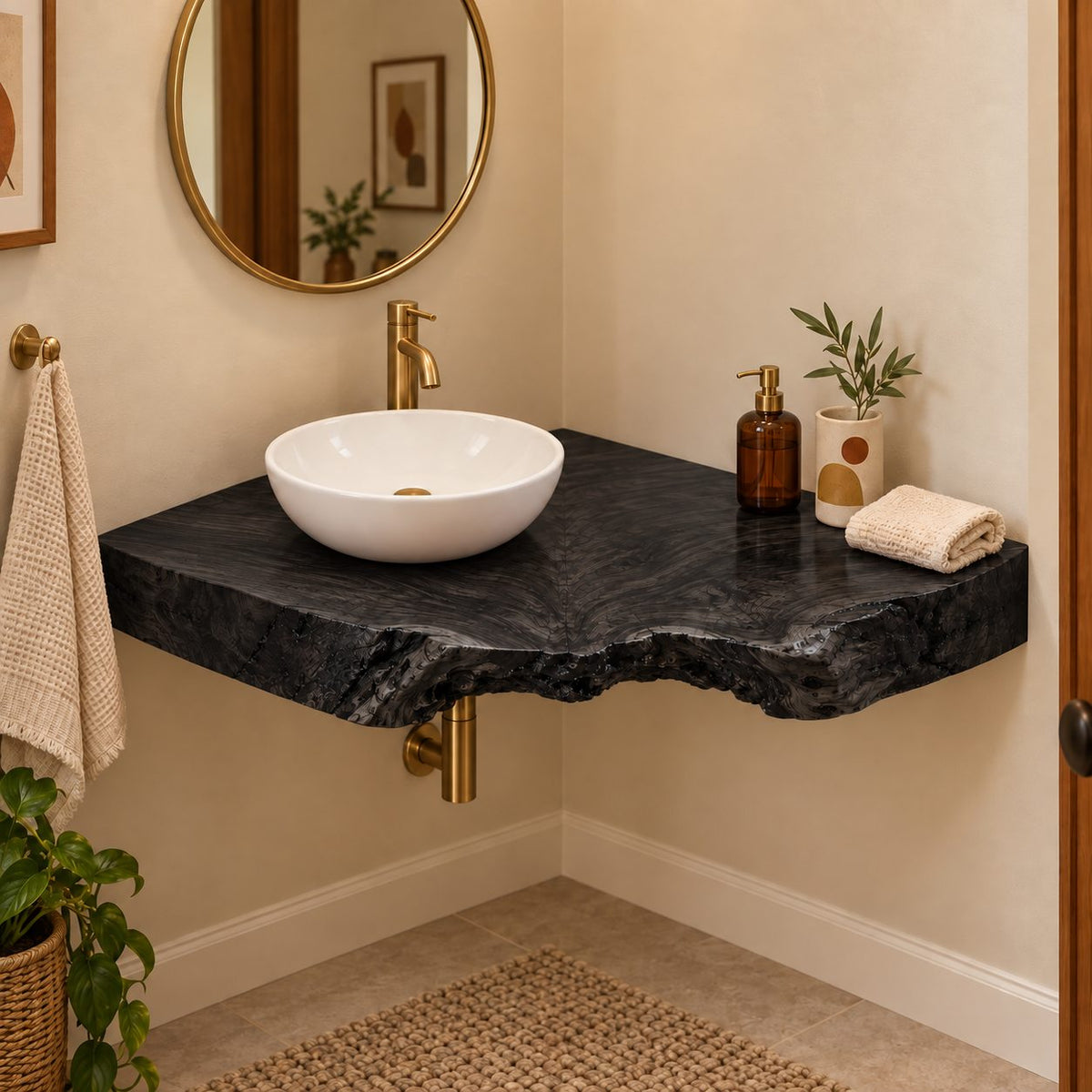 Thick Live-Edge Corner Bathroom Vanity, Burl Solid Wood Floating Corner Vanity Top