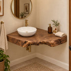 Thick Live-Edge Corner Bathroom Vanity, Burl Solid Wood Floating Corner Vanity Top