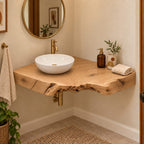 Thick Live-Edge Corner Bathroom Vanity, Burl Solid Wood Floating Corner Vanity Top
