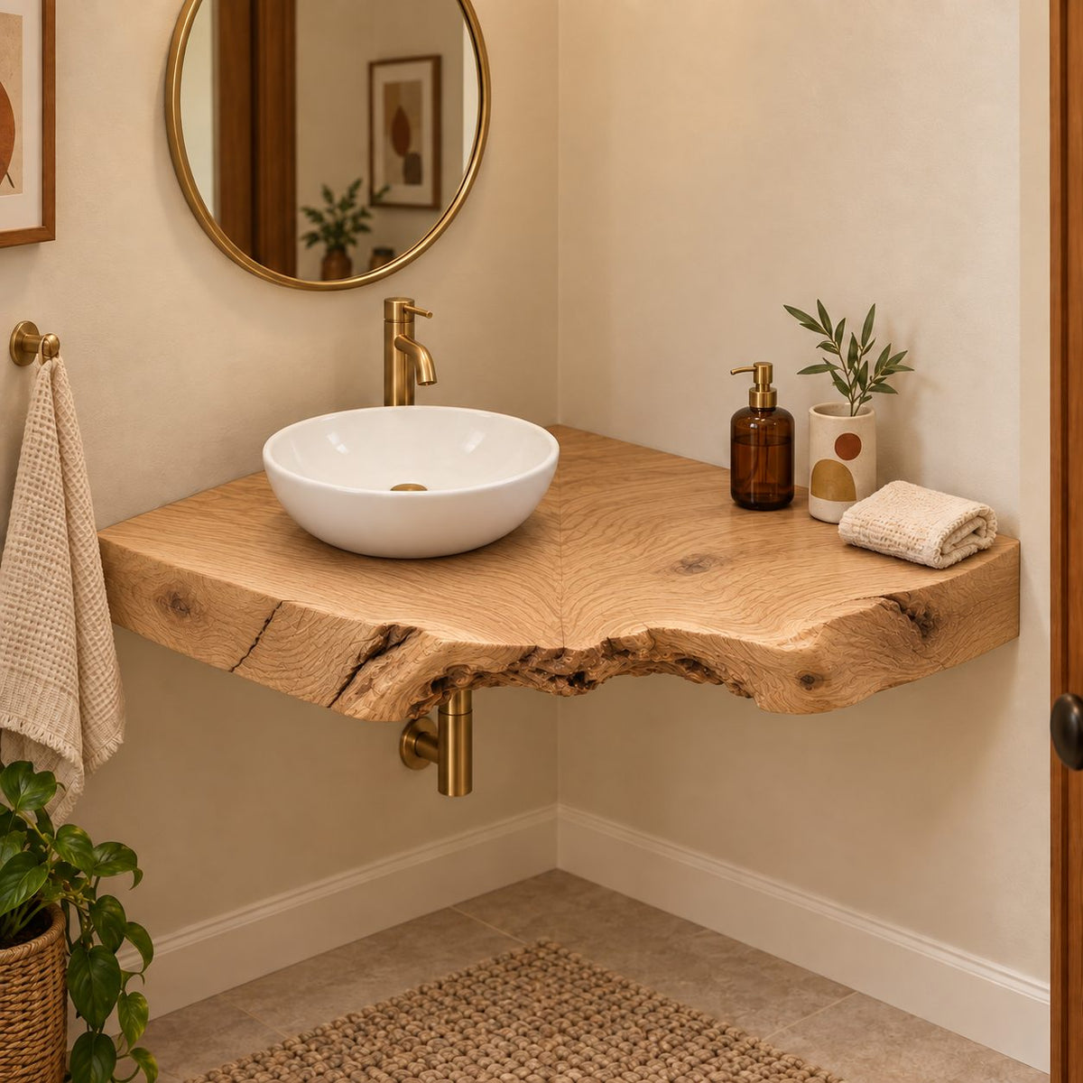 Thick Live-Edge Corner Bathroom Vanity, Burl Solid Wood Floating Corner Vanity Top