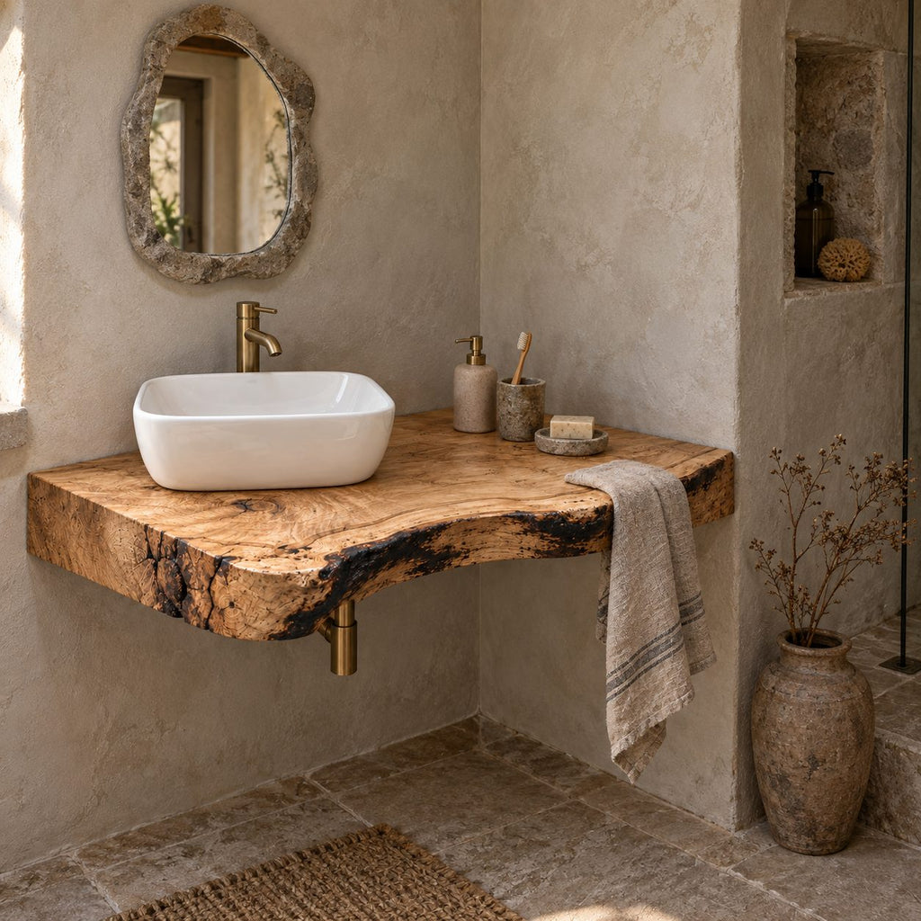 Rustic Floating Corner Vanity, Thick Live-Edge Solid Wood Slab Corner Bathroom Vanity Top