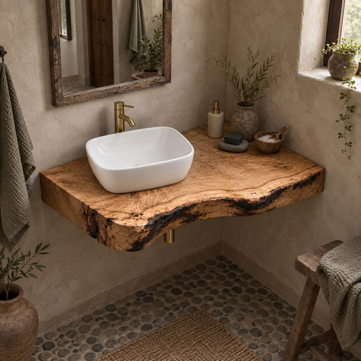 Rustic Floating Corner Vanity, Thick Live-Edge Solid Wood Slab Corner Bathroom Vanity Top