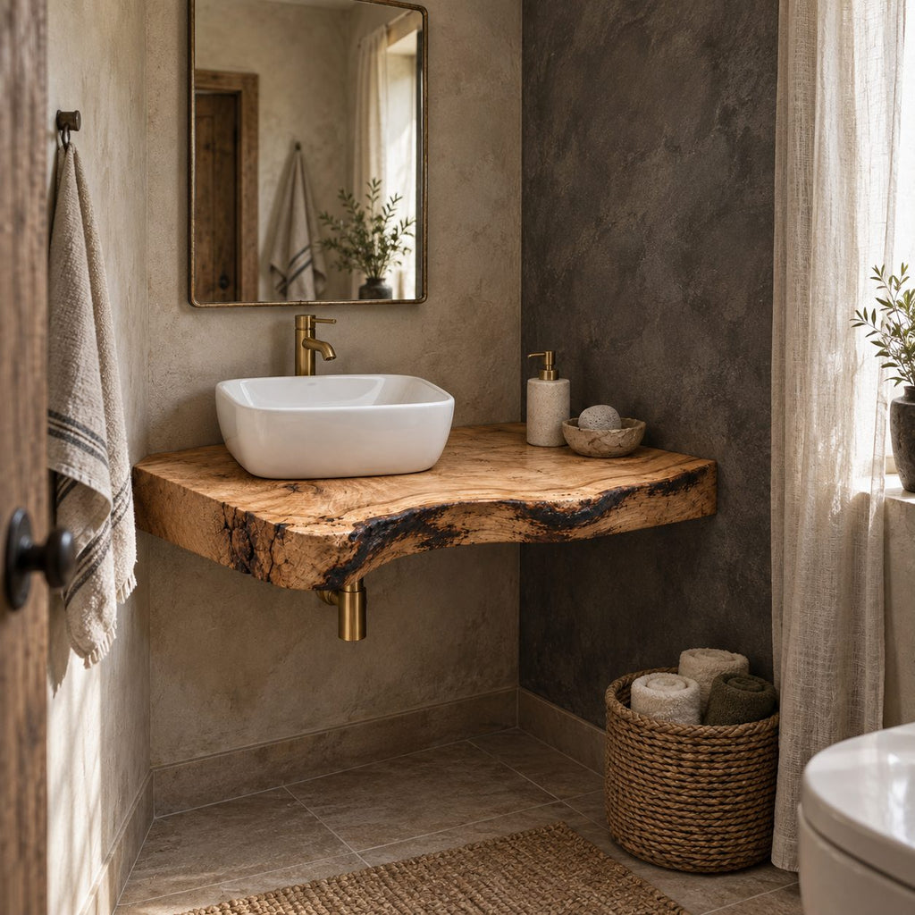 Rustic Floating Corner Vanity, Thick Live-Edge Solid Wood Slab Corner Bathroom Vanity Top