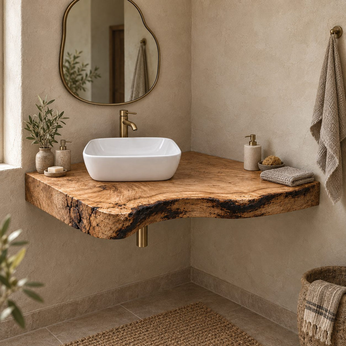 Rustic Floating Corner Vanity, Thick Live-Edge Solid Wood Slab Corner Bathroom Vanity Top