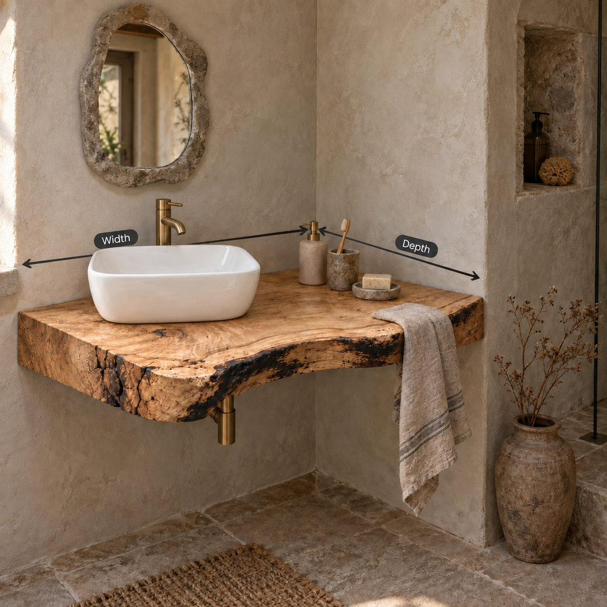 Rustic Floating Corner Vanity, Thick Live-Edge Solid Wood Slab Corner Bathroom Vanity Top