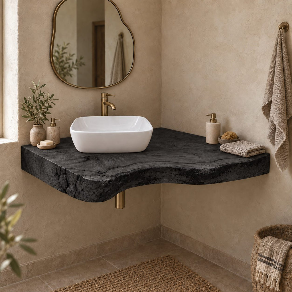Rustic Floating Corner Vanity, Thick Live-Edge Solid Wood Slab Corner Bathroom Vanity Top