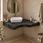Rustic Floating Corner Vanity, Thick Live-Edge Solid Wood Slab Corner Bathroom Vanity Top