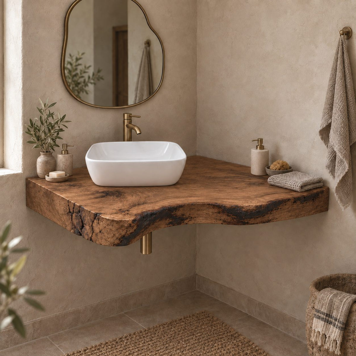 Rustic Floating Corner Vanity, Thick Live-Edge Solid Wood Slab Corner Bathroom Vanity Top