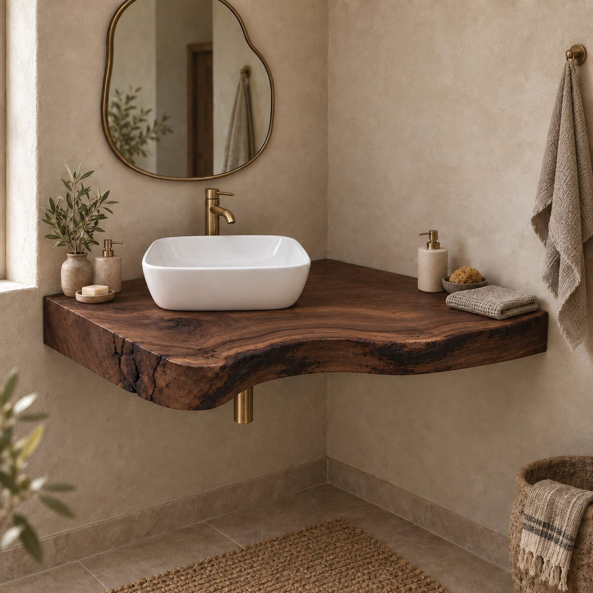 Rustic Floating Corner Vanity, Thick Live-Edge Solid Wood Slab Corner Bathroom Vanity Top