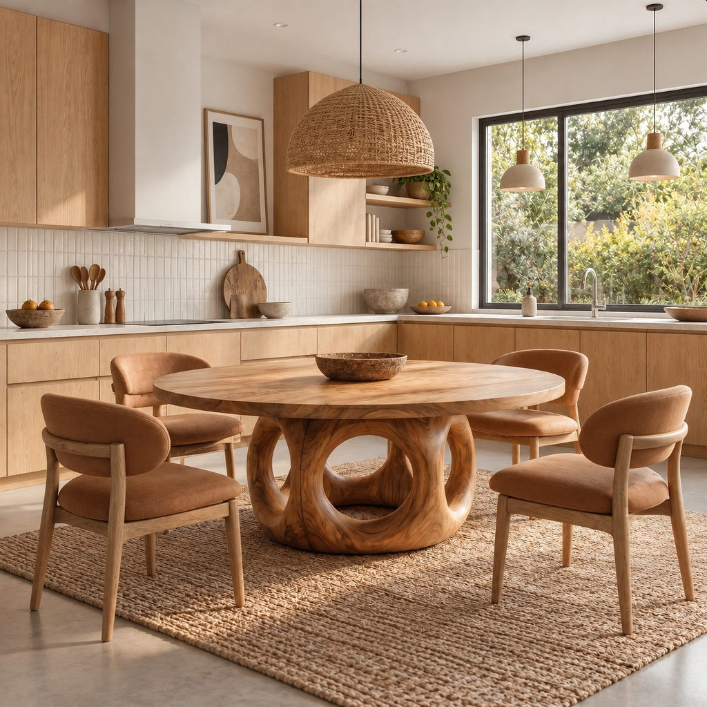 Handcrafted Round Dining Table With Interlocking Ring Base For Dining Room