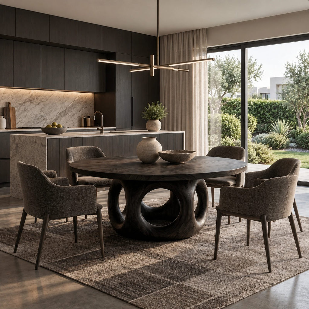 Handcrafted Round Dining Table With Interlocking Ring Base For Dining Room
