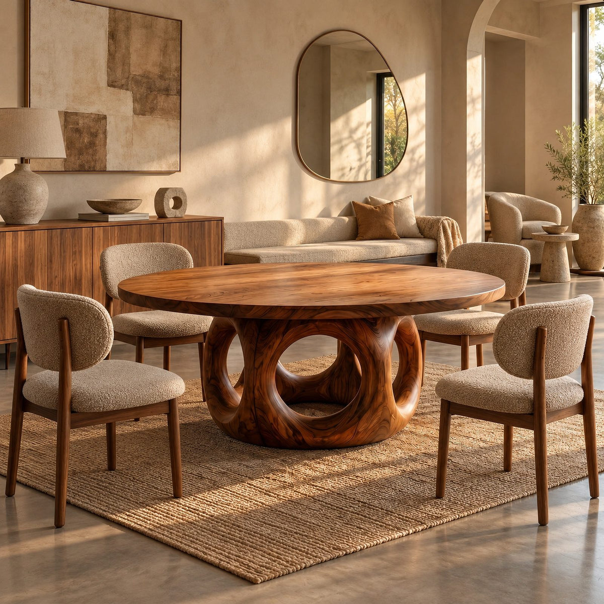 Handcrafted Round Dining Table With Interlocking Ring Base For Dining Room