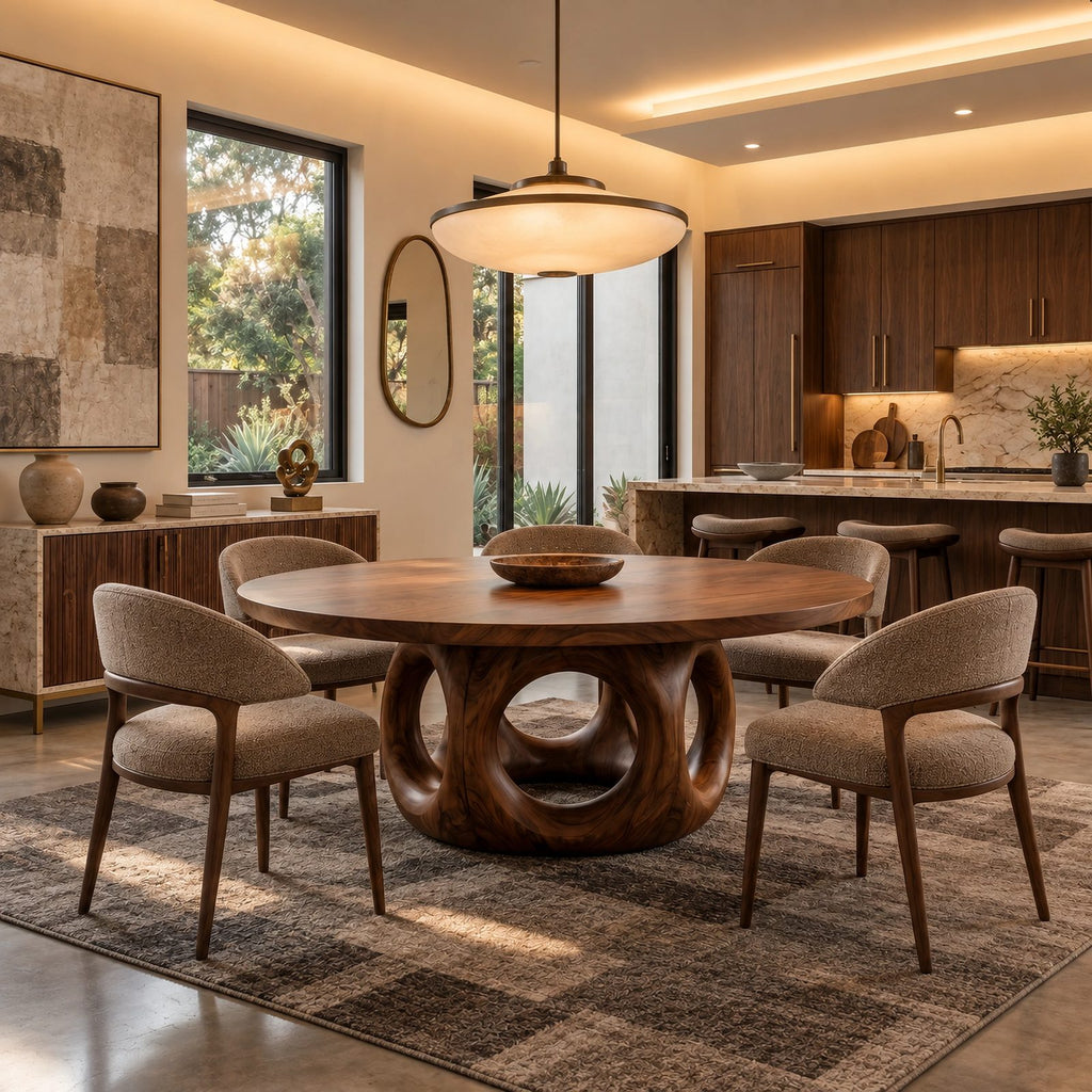 Handcrafted Round Dining Table With Interlocking Ring Base For Dining Room