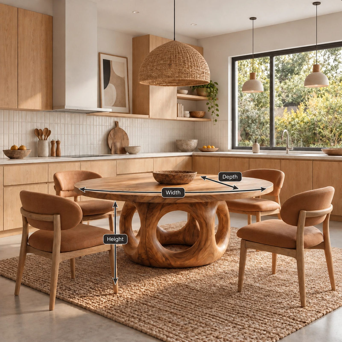 Handcrafted Round Dining Table With Interlocking Ring Base For Dining Room
