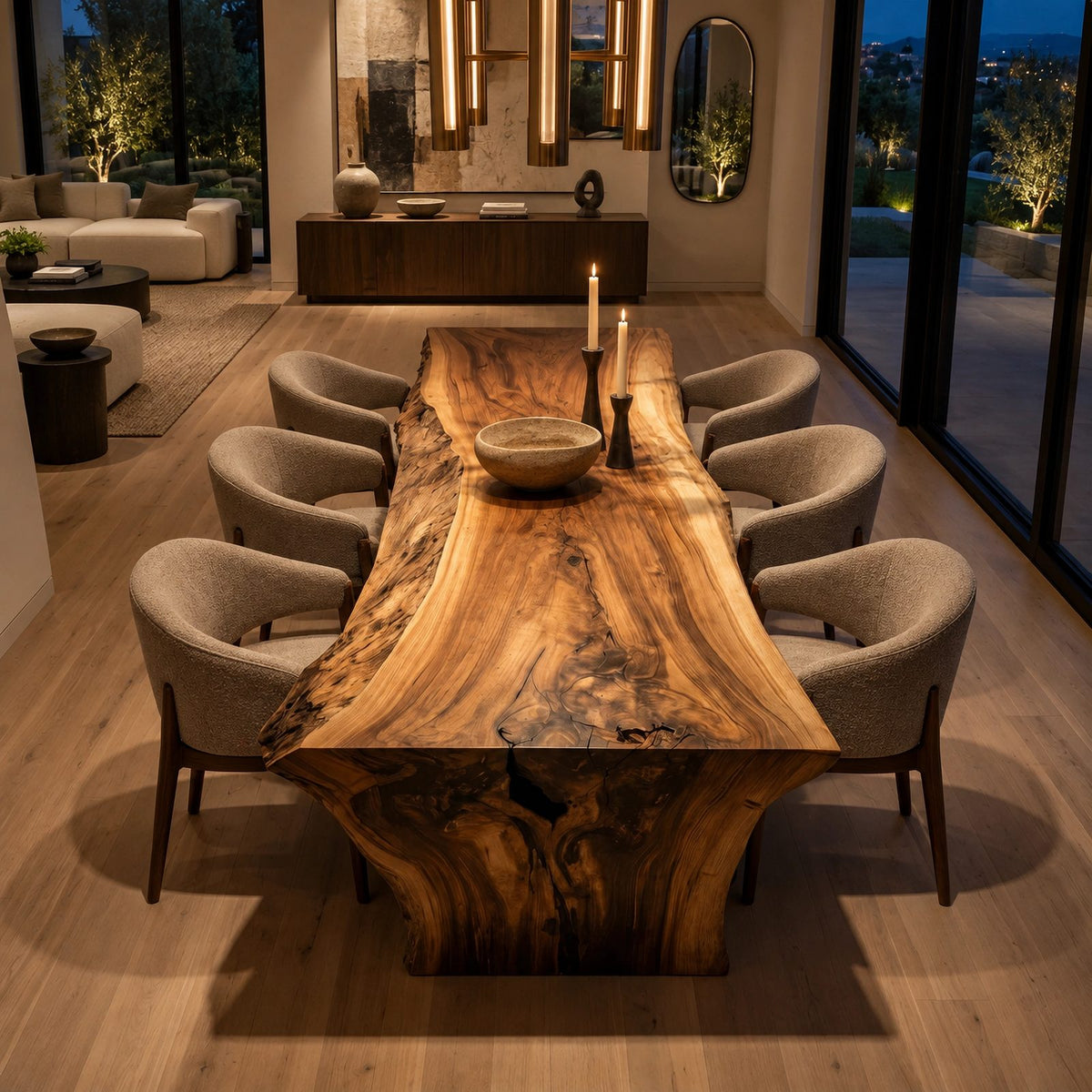 Contemporary Live Edge Dining Table With Chunky Root Base For Dining Room