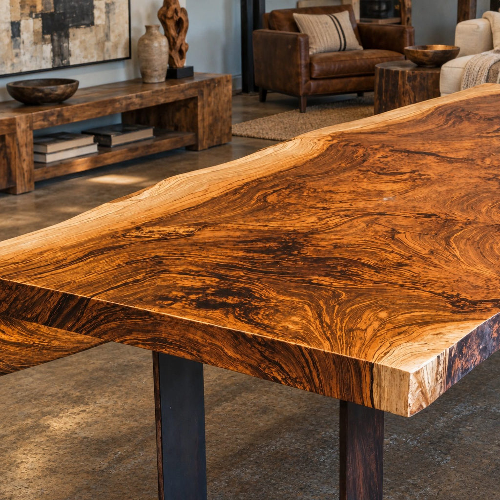 Rustic Live Edge Dining Table With Dark Block Legs For Dining Room