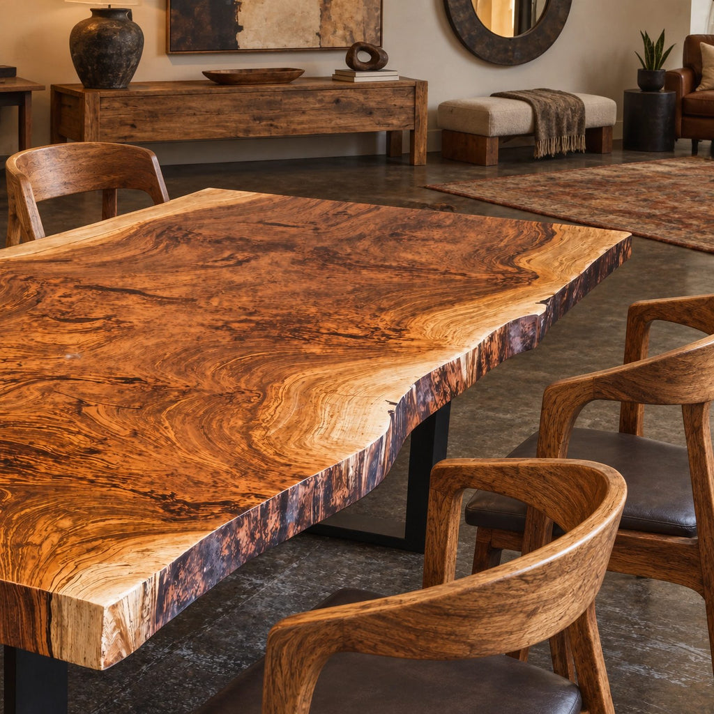 Rustic Live Edge Dining Table With Dark Block Legs For Dining Room