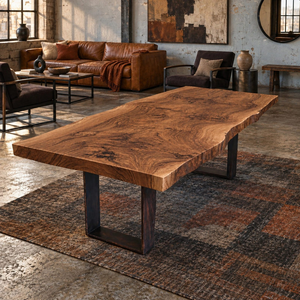 Rustic Live Edge Dining Table With Dark Block Legs For Dining Room
