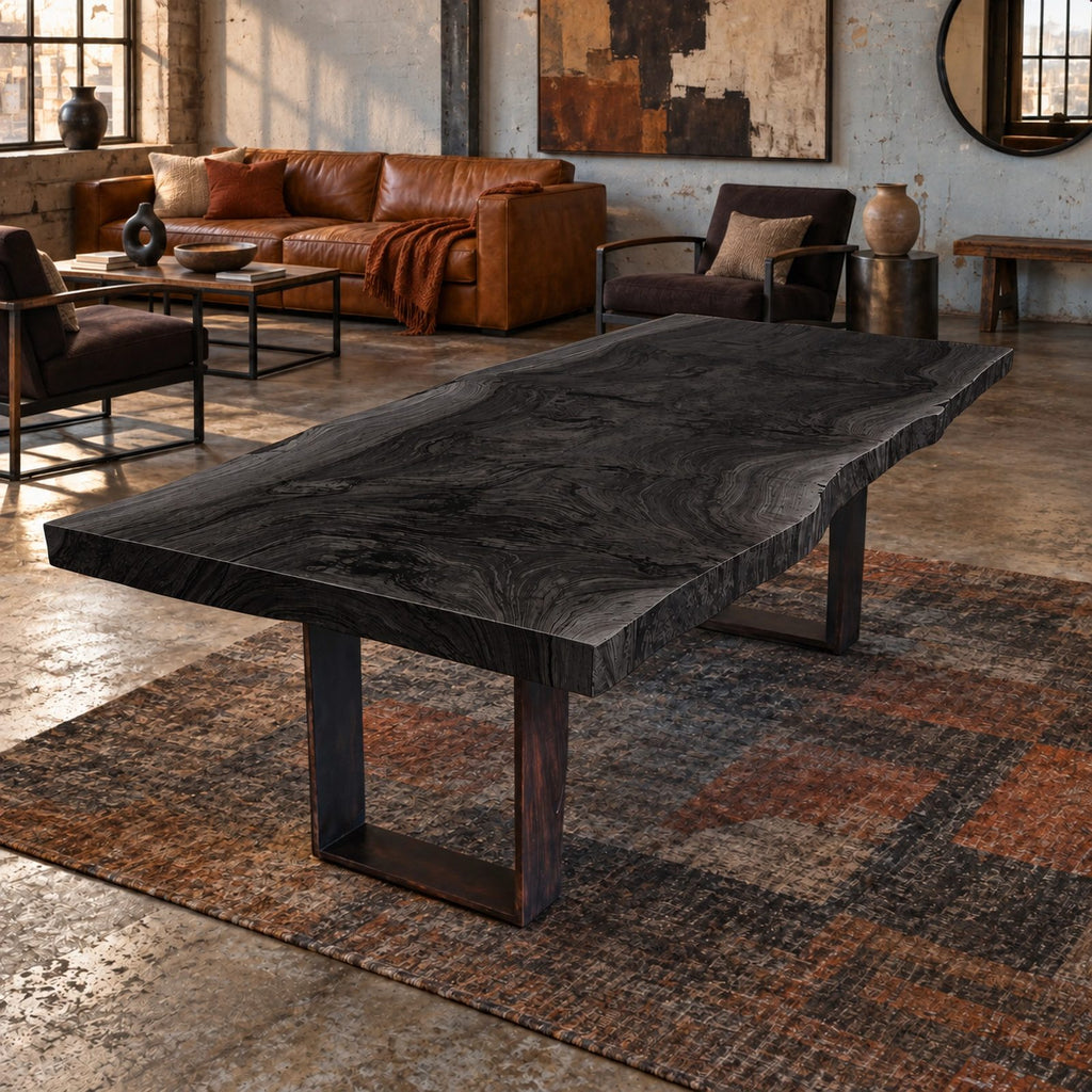 Rustic Live Edge Dining Table With Dark Block Legs For Dining Room