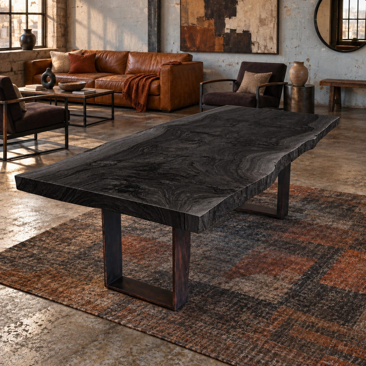 Rustic Live Edge Dining Table With Dark Block Legs For Dining Room
