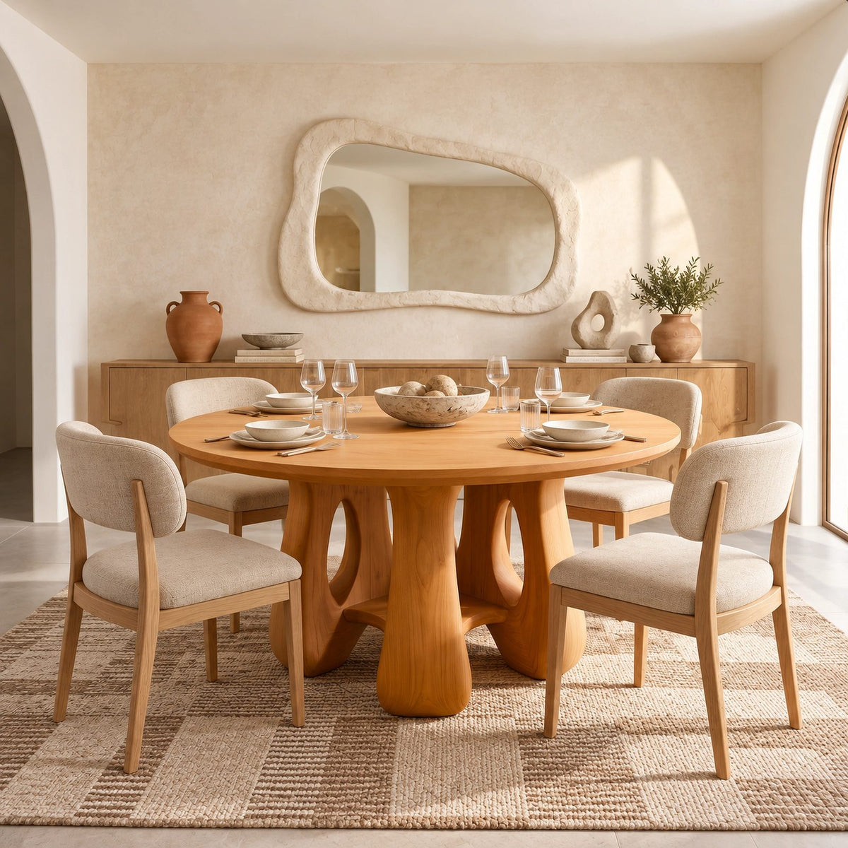 Mid Century Round Dining Table With Arched Open Base For Dining Room