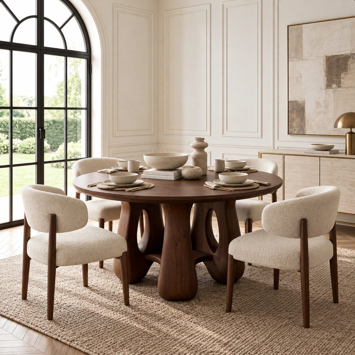 Mid Century Round Dining Table With Arched Open Base For Dining Room