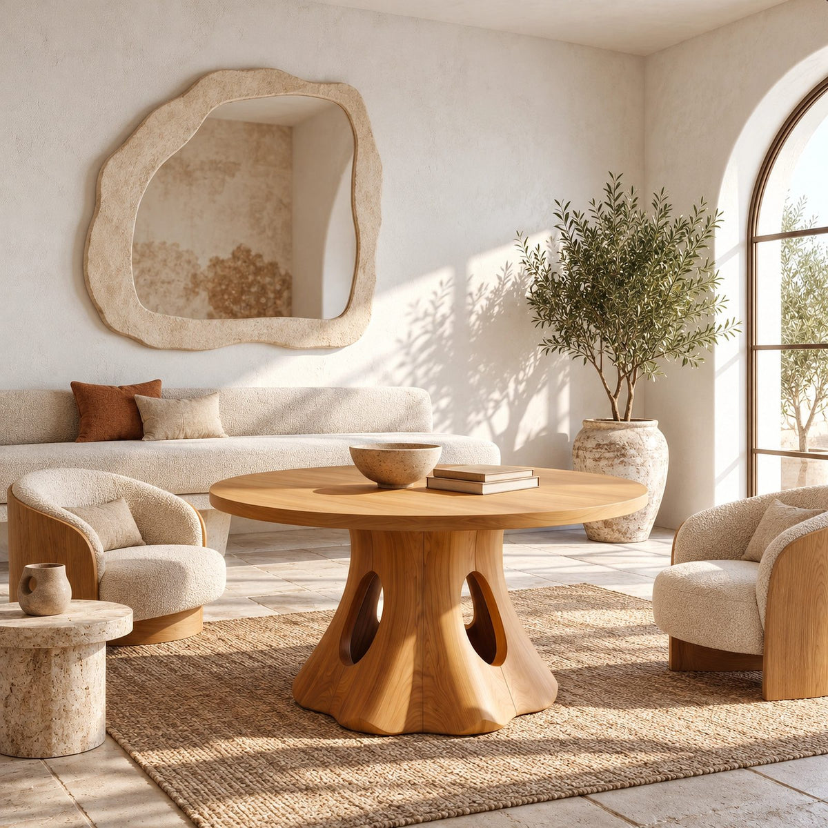 Natural Round Dining Table With Smooth Trunk Pedestal For Dining Room