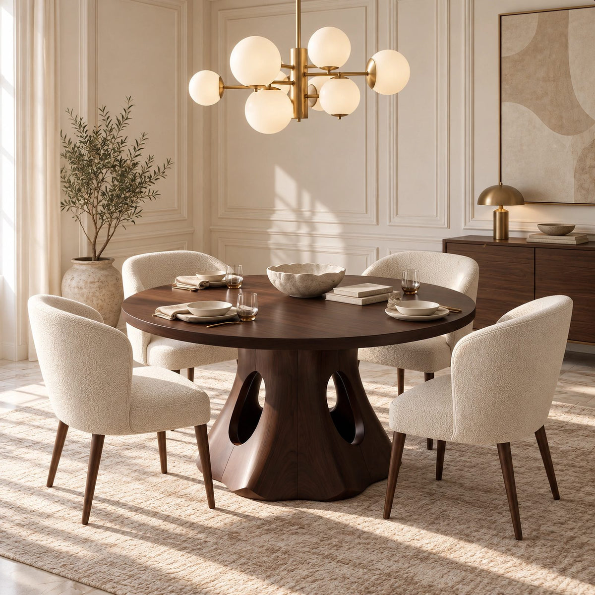 Natural Round Dining Table With Smooth Trunk Pedestal For Dining Room