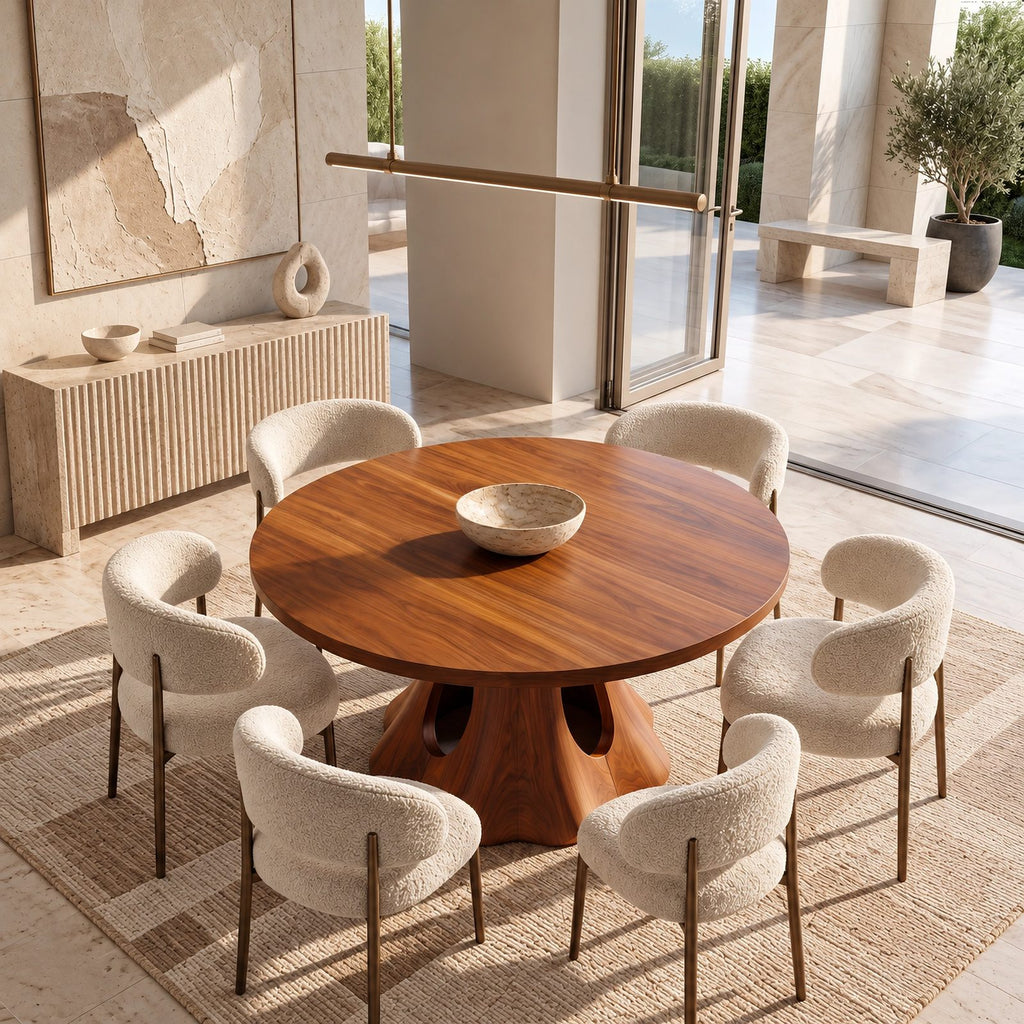Natural Round Dining Table With Smooth Trunk Pedestal For Dining Room