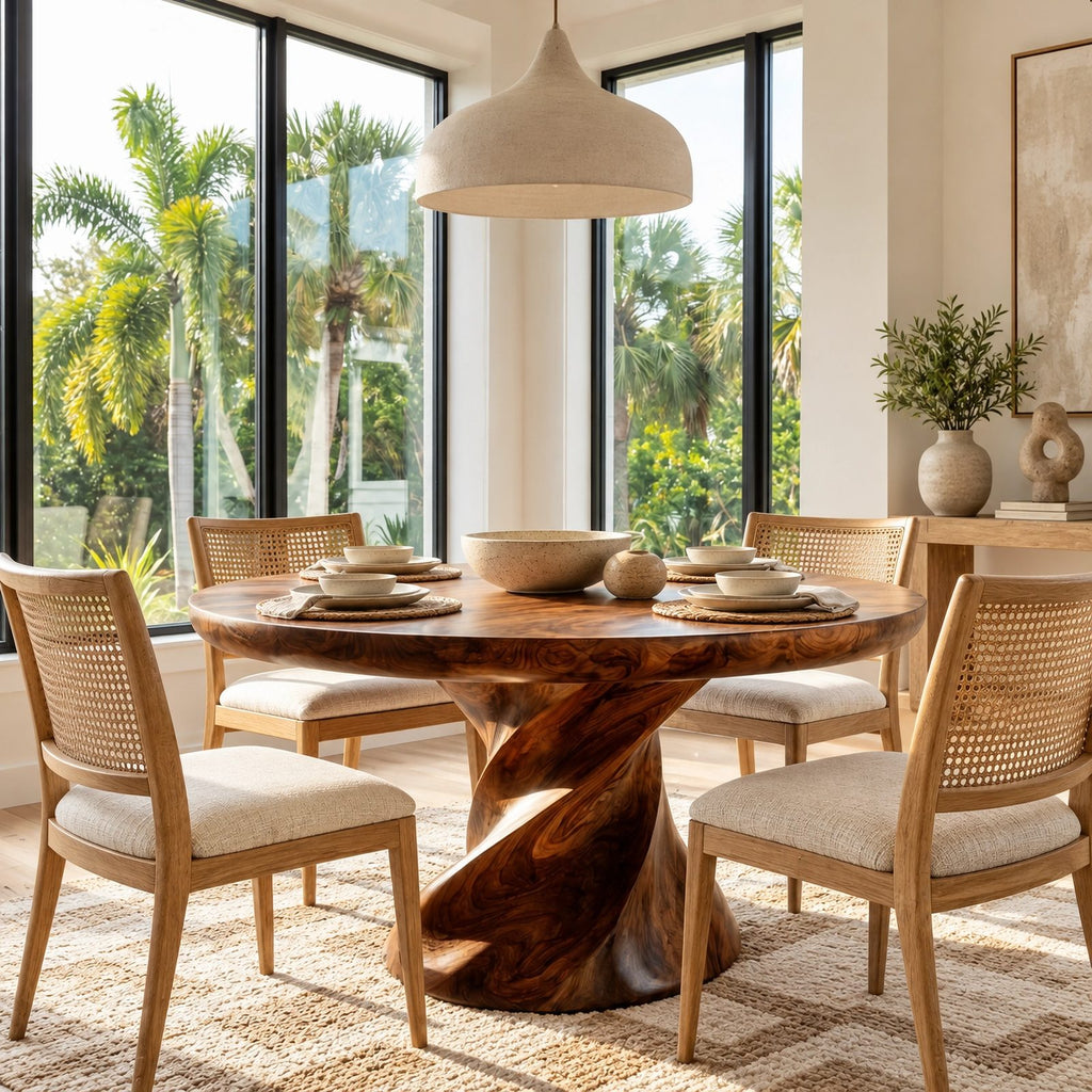 Contemporary Round Dining Table With Twisted Pedestal For Dining Room
