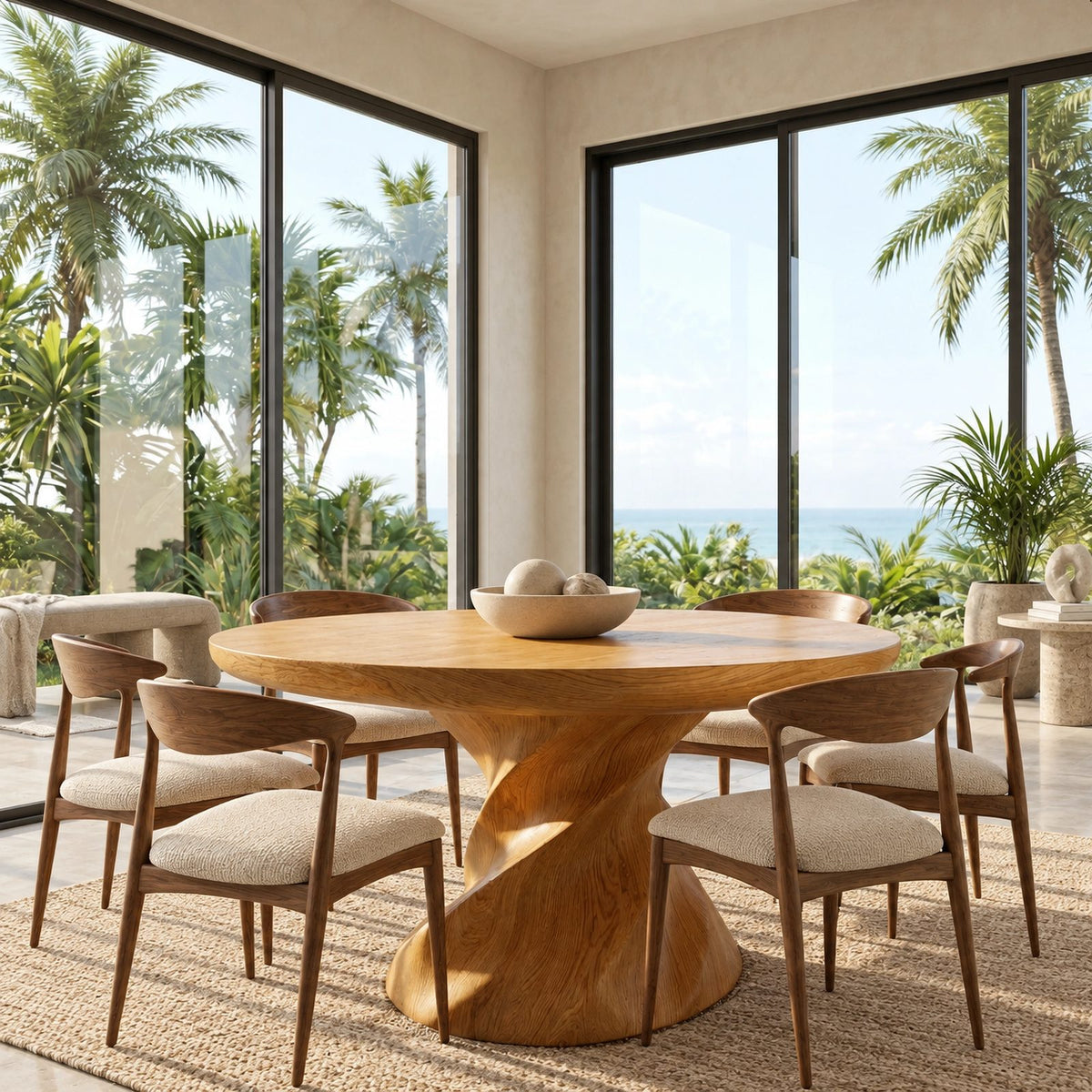 Contemporary Round Dining Table With Twisted Pedestal For Dining Room