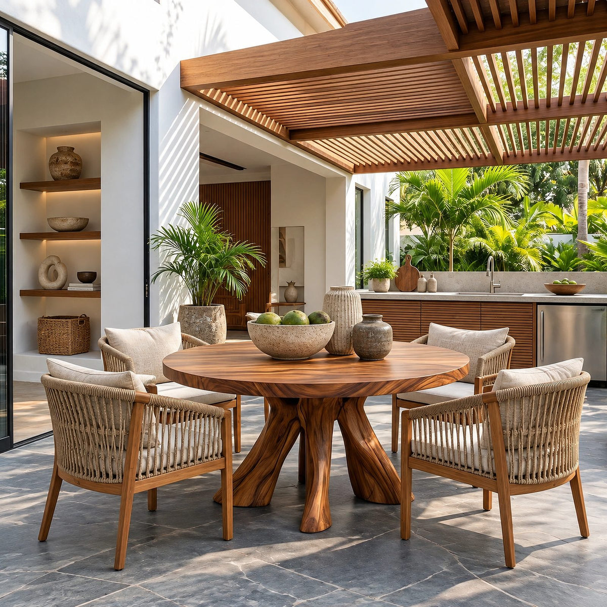 Rustic Round Dining Table With Natural Root Pedestal For Dining Room