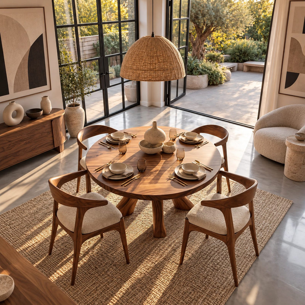 Rustic Round Dining Table With Natural Root Pedestal For Dining Room