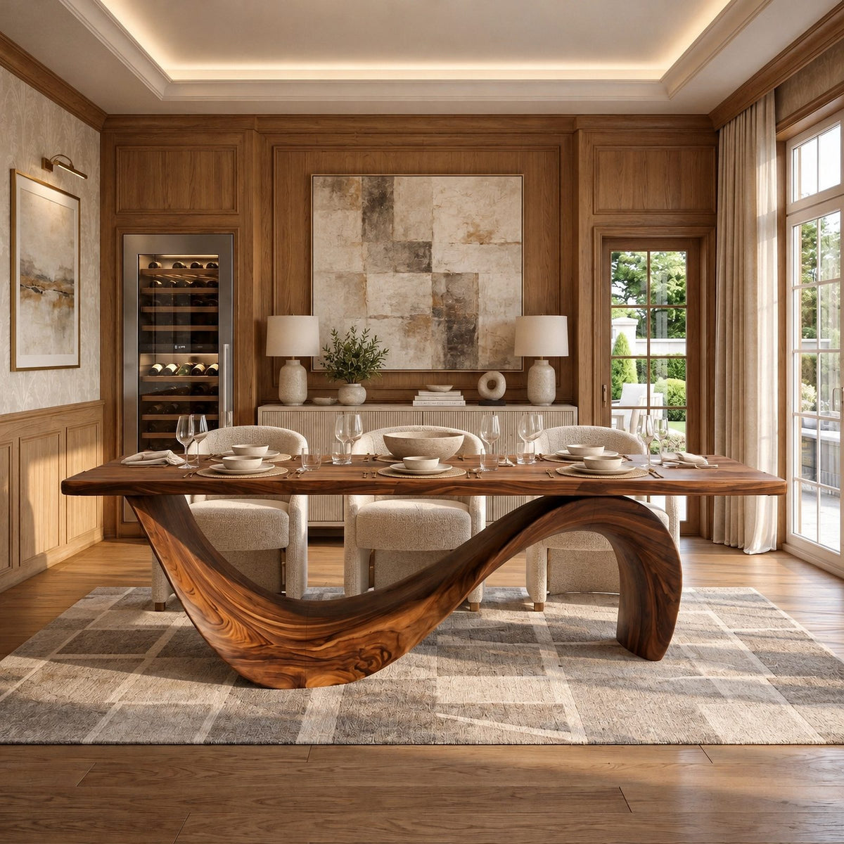 Contemporary Wooden Dining Table With Curved Sculptural Base For Dining Room