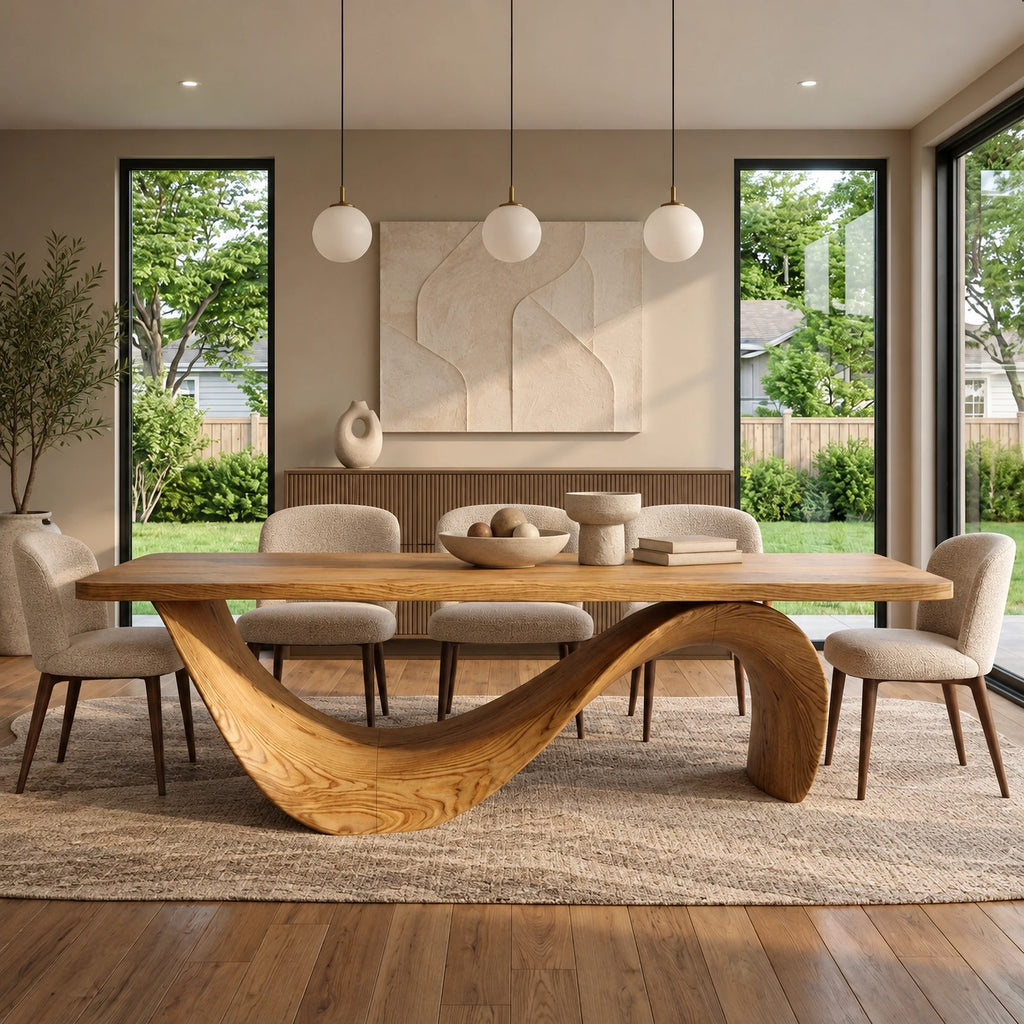 Contemporary Wooden Dining Table With Curved Sculptural Base For Dining Room