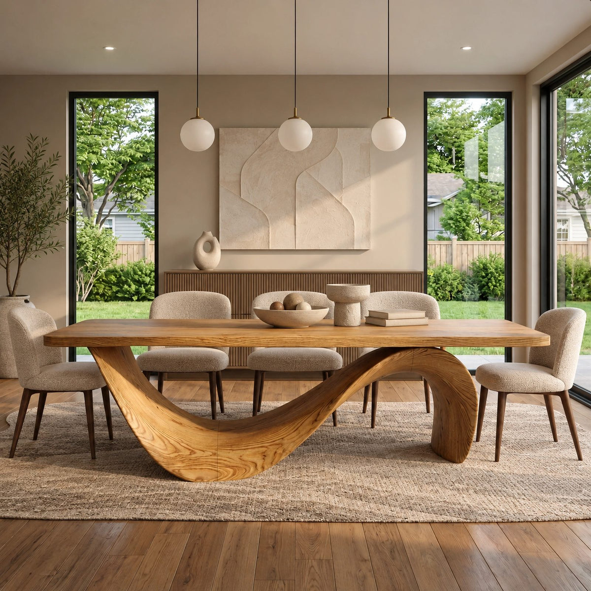 Contemporary Wooden Dining Table With Curved Sculptural Base For Dining Room