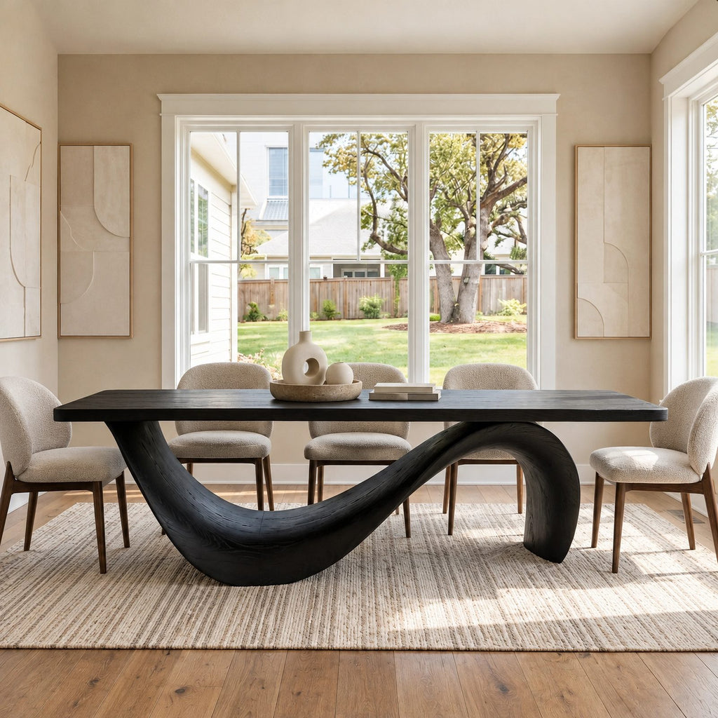 Contemporary Wooden Dining Table With Curved Sculptural Base For Dining Room