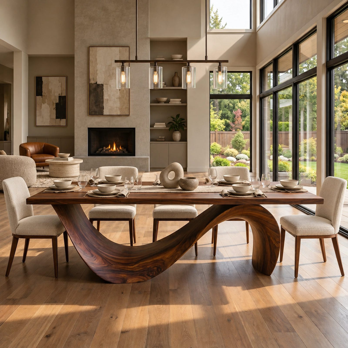 Contemporary Wooden Dining Table With Curved Sculptural Base For Dining Room