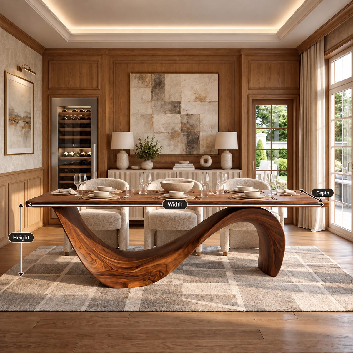 Contemporary Wooden Dining Table With Curved Sculptural Base For Dining Room