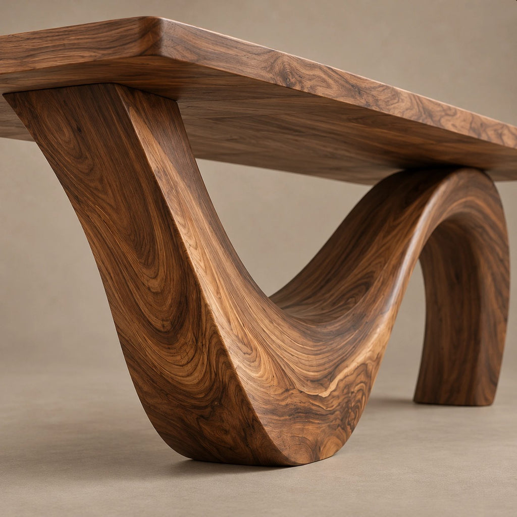 Contemporary Wooden Dining Table With Curved Sculptural Base For Dining Room
