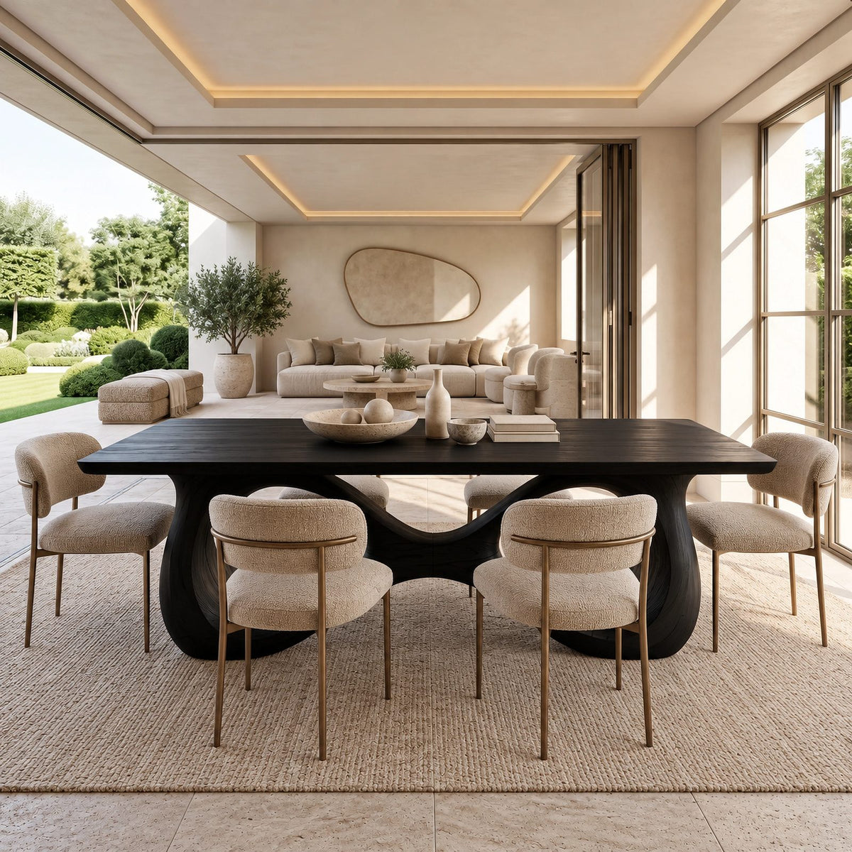 Modern Solid Wood Dining Table With Interlaced Wave Base For Dining Room